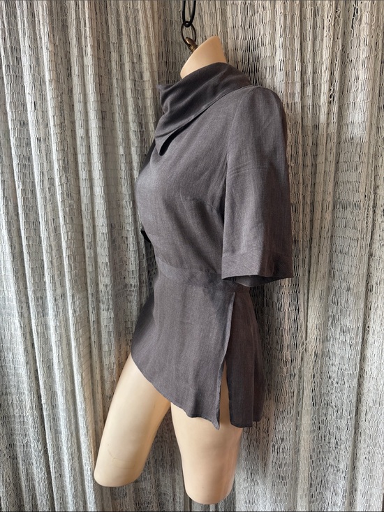 Born Tops - Born Taupe/clove colored Button-Front Peplum 1/2 Sleeve tunic